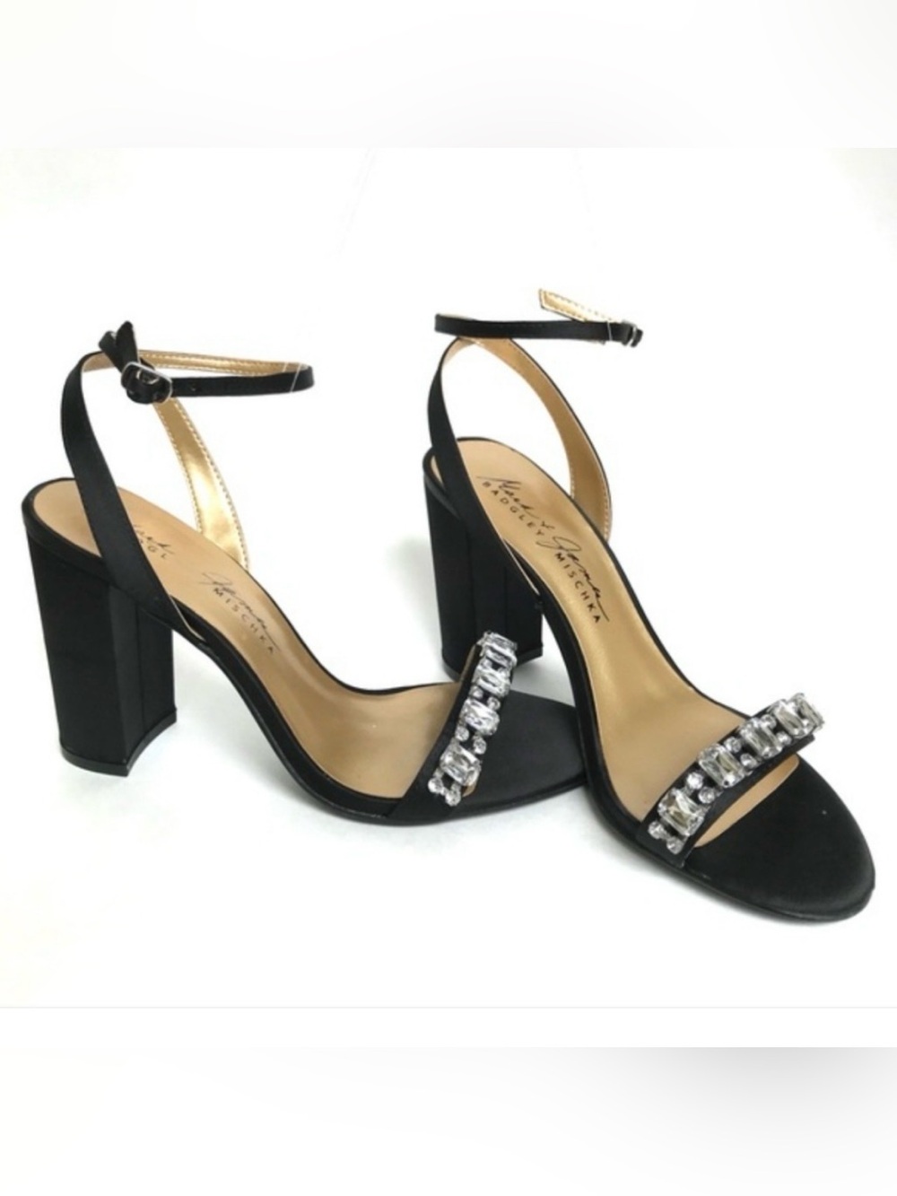 Badgley Mischka Black Satin Slingback Heels with Crystal Strap